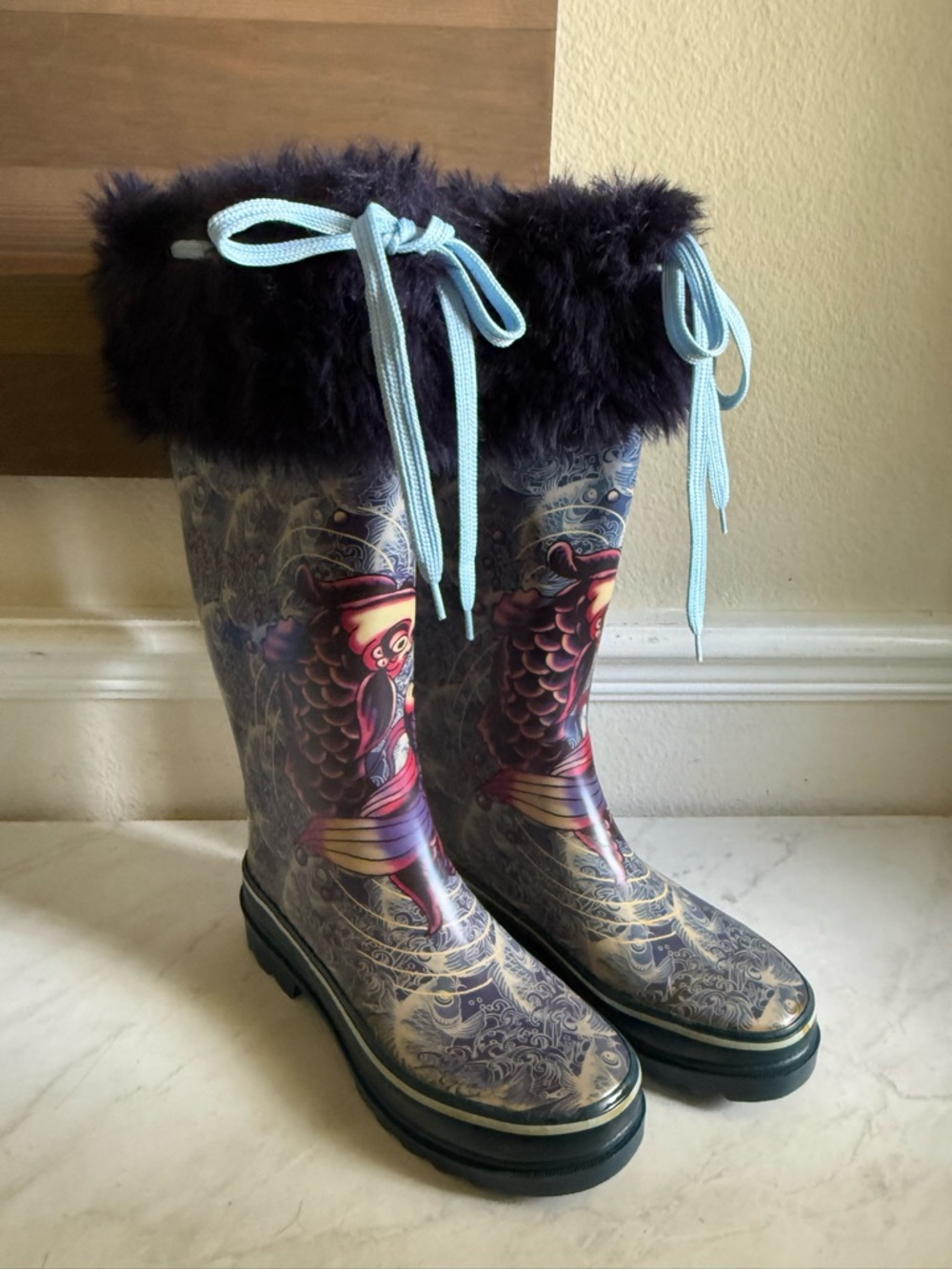 ED HARDY VTG Koi Print Fur-Trim Rain Boots